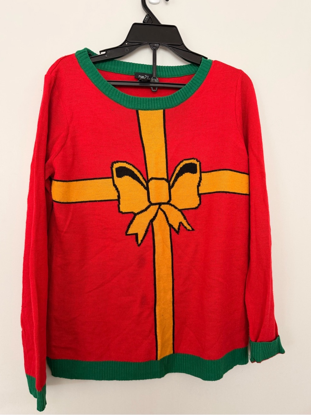 Rue21 red crewneck sweater with yellow bow and green trim